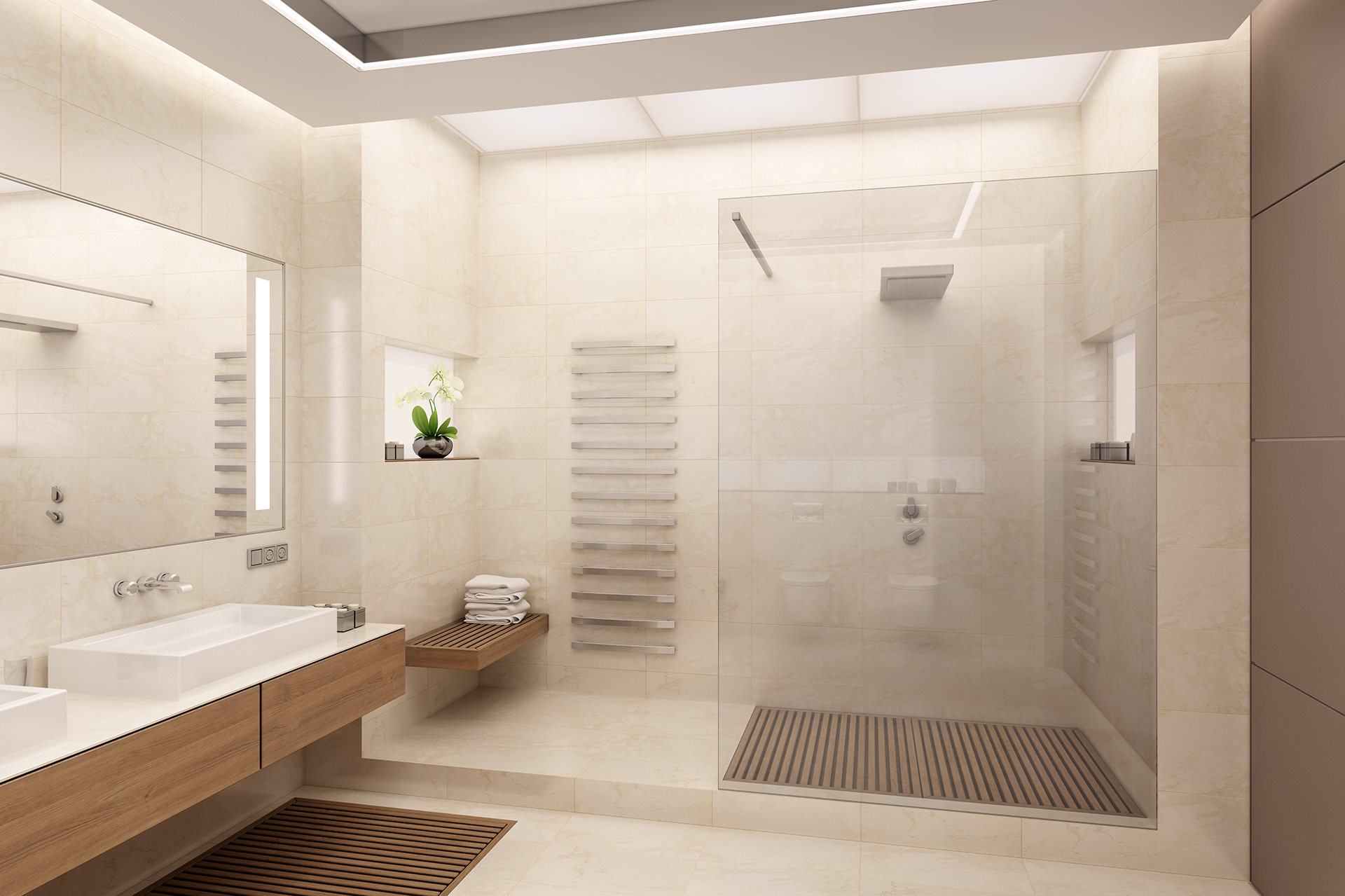 Salle de bain avec meuble bois et beige