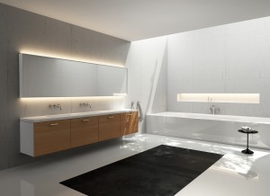 Salle de bain blanche avec meuble en bois