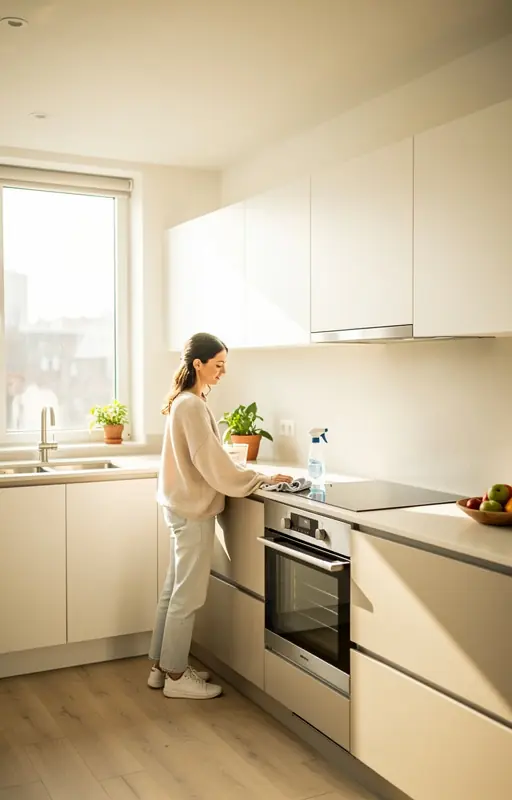 femme française cuisinant calmement dans une cuisine minimaliste avec lumière naturelle