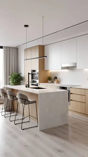 cuisine minimaliste après cuisson lumière naturelle douce ambiance chaleureuse et calme