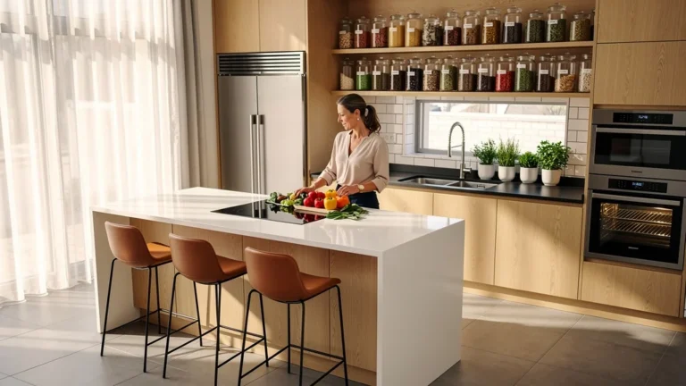 Cuisine fonctionnelle moderne et lumineuse avec équipements adaptés et aménagement optimisé