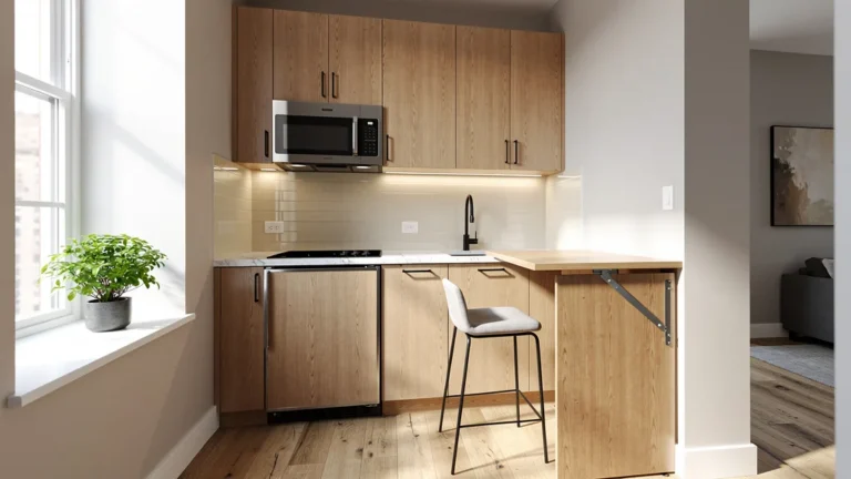 mini cuisine sur mesure moderne optimisant un petit espace avec mobilier intégré et éclairage naturel