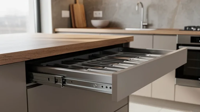 Tiroir caché sous plan de travail pour couteaux avec fixation solide, en cuisine moderne