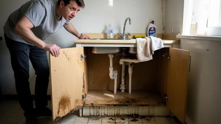 Meuble sous-évier gonflé par l’humidité après 8 mois, illustrant un achat à 180 € sans traitement hydrofuge