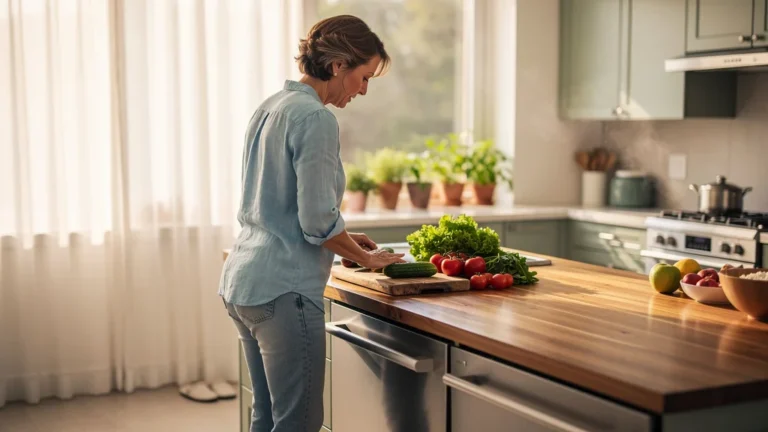 Femme adoptant une posture idéale devant un plan de travail ergonomique pour protéger son dos