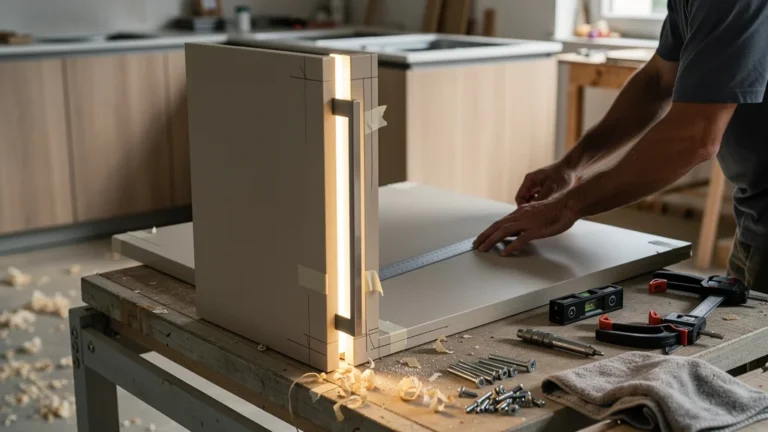 Poignée profilée verticale montée trop tôt, deux façades de meuble à reprendre en atelier
