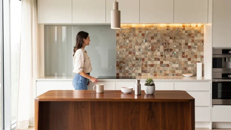 Comparaison hyperréaliste entre crédence en verre et en carrelage dans une cuisine moderne lumineuse