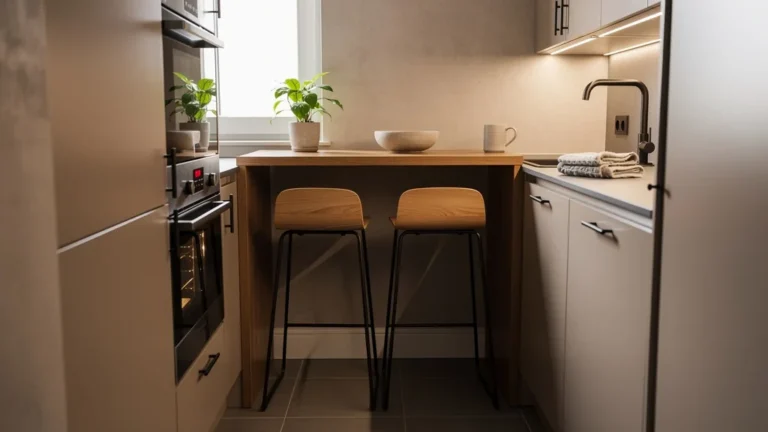 Coin repas bar dans une cuisine étroite, avec 30 cm retirés du plan de travail, style moderne et fonctionnel
