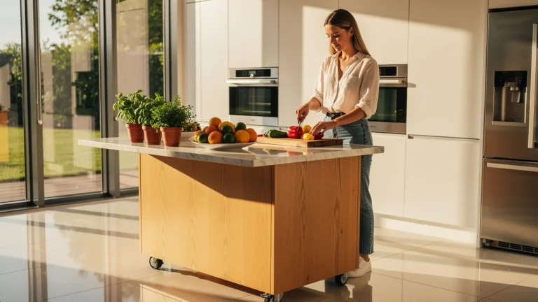 Cuisine moderne avec îlot sur roulettes transformant la façon de cuisiner, en lumière naturelle
