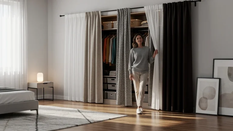 Chambre moderne avec placard remplacé par des rideaux variés, résultat esthétique qui divise