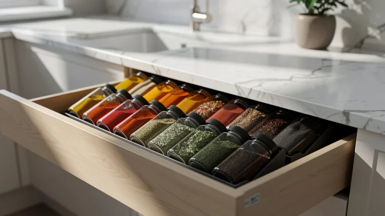 Organisateur de tiroir à épices optimisant l'espace avec des bocaux en verre alignés dans une cuisine moderne