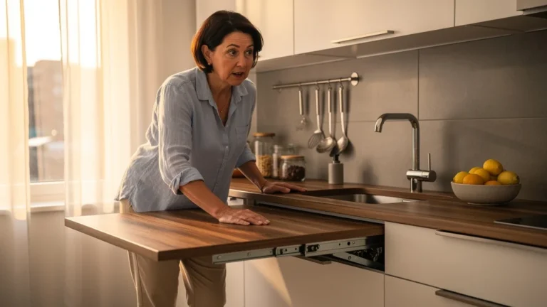 Cuisine moderne avec plan de travail rétractable testé, révélant ses limites au quotidien, lumière naturelle