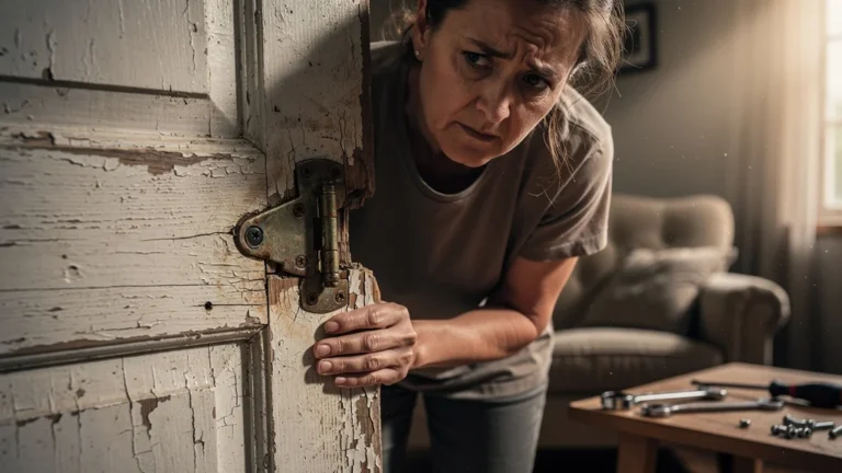 Femme déçue devant une porte avec charnières bas de gamme cassées après un an