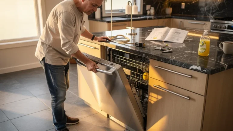 Cuisine moderne avec lave-vaisselle bloqué par meuble mal mesuré, ambiance réaliste et frustration visible