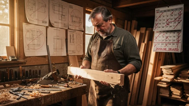 Erreur de mesure artisanale causant un retard de trois semaines dans un atelier de bois réaliste