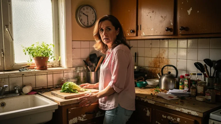 Femme réalisant que sa cuisine manque de plan de travail dégagé, espace encombré et lumineux