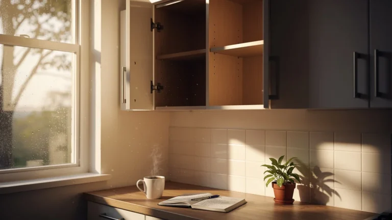 Cuisine éclairée par le matin, rangements hauts vides depuis deux ans, ambiance calme et réaliste