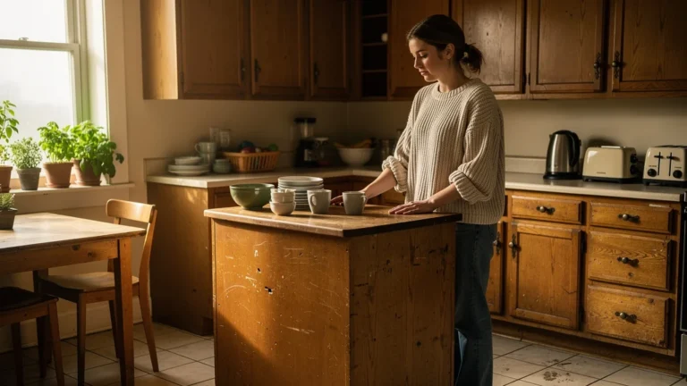 Cuisine avec meubles de cuisine d'occasion et petit budget, ambiance chaleureuse et réaliste