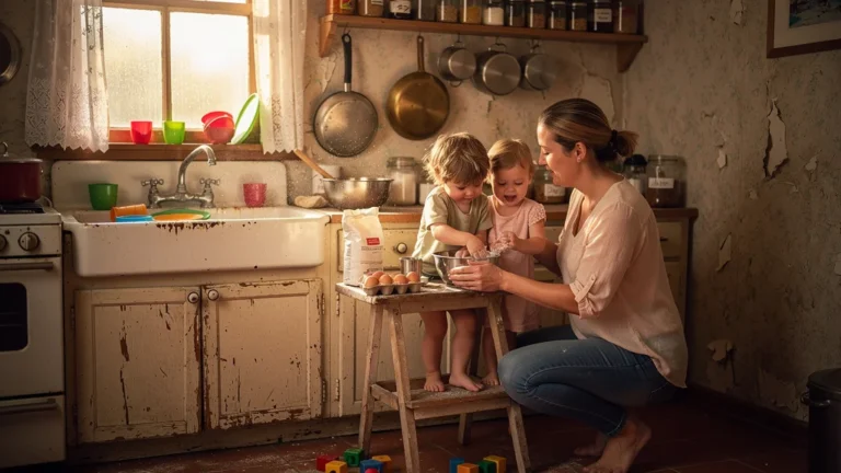 Vieille cuisine compacte montrant qu'avec des enfants, chaque centimètre de l'espace compte