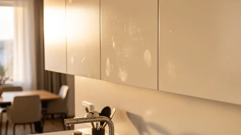 Façades laquées avec traces de doigts visibles après trois ans d'utilisation quotidienne en cuisine moderne