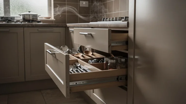 Cuisine moderne avec tiroirs à l'anglaise ouverts dans une petite cuisine mal ventilée, comparés aux placards classiques