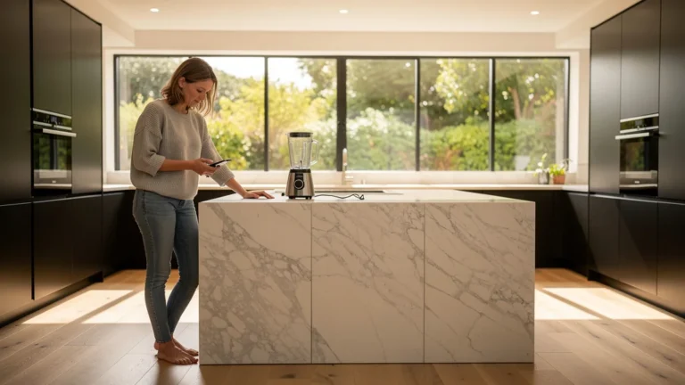 Cuisine moderne sans prise électrique derrière l'îlot, regret d'aménagement intérieur