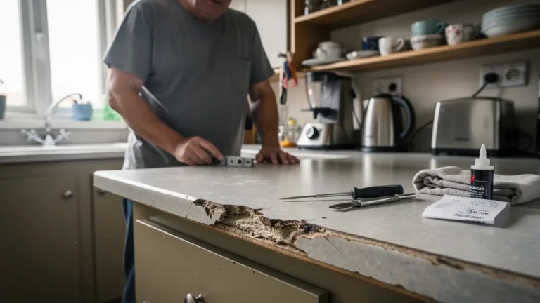 Plan de travail stratifié sans chant ABS endommagé, avec réparation à 90 € après un an