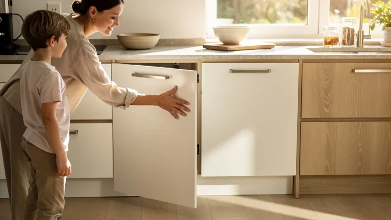 Cuisine familiale moderne avec placard fermetures à poussoir et poignées discrètes, style élégant et pratique