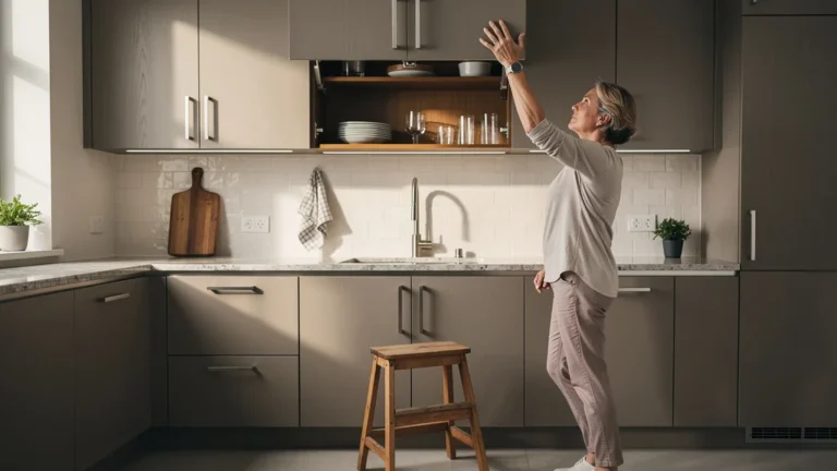 Placard haut dans une cuisine moderne, accessible au tabouret ou à portée directe, illustrant un avis d’usage réel