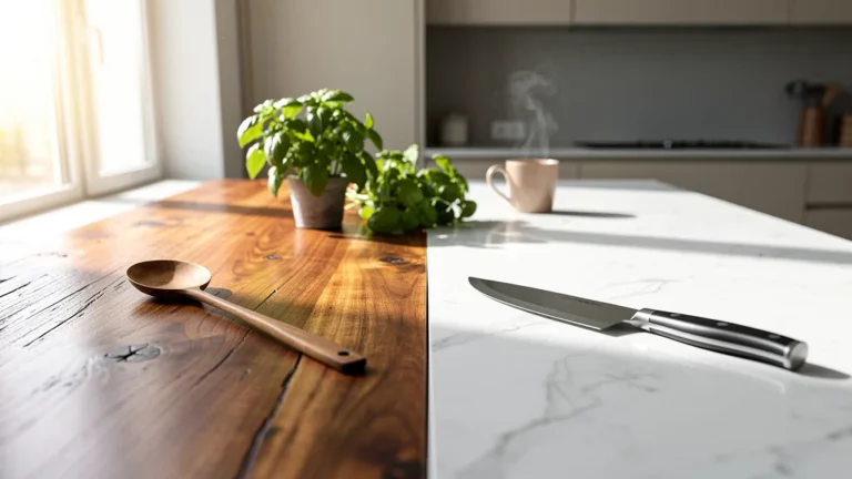 Comparaison réaliste plan de travail bois et quartz dans une cuisine moderne et lumineuse