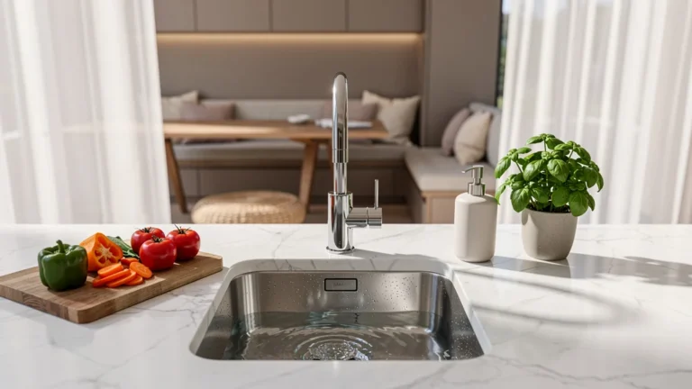 Cuisine moderne avec évier à cuve unique en inox, lumière naturelle et ambiance chaleureuse quotidienne