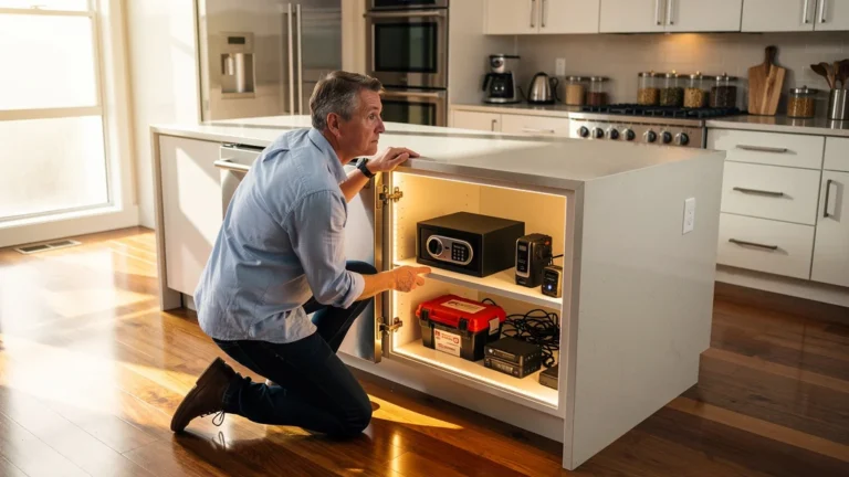 Cuisine moderne avec frigo d'angle déplacé révélant un espace caché améliorant la sécurité de la maison