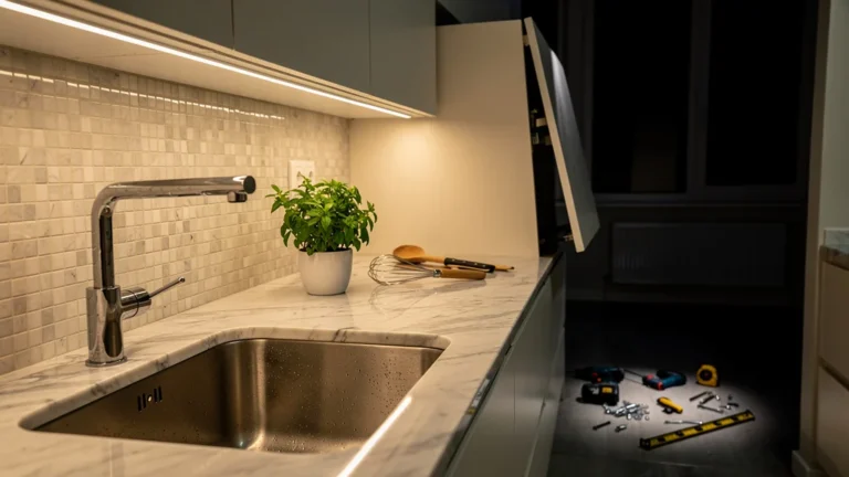 Cuisine moderne éclairée par un éclairage sous meubles hauts rendant tout plus clair avant un fiasco