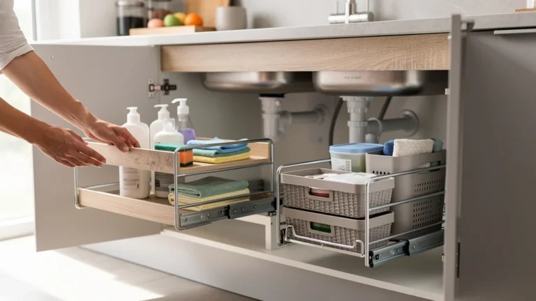 Rangement sous evier etagere coulissante ou bac sortie dans un meuble de cuisine moderne