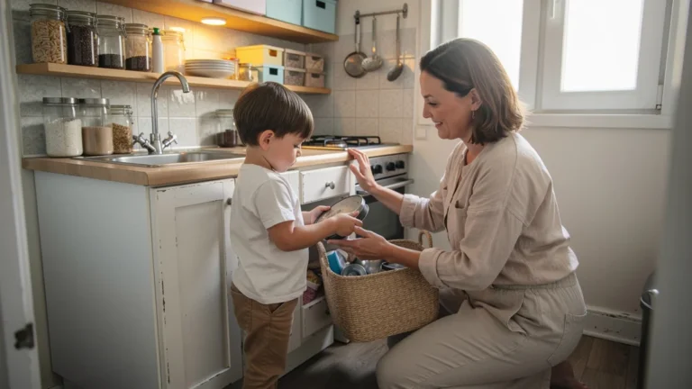 Mère et fils rangeant une petite cuisine de 7 m², image SEO sur les réflexes gardes