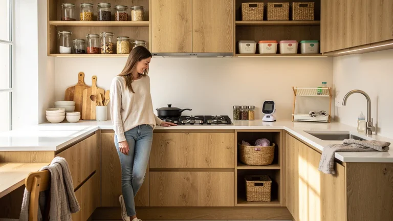 Cuisine U réorganisée après la naissance de ma fille, avec 4 zones repensées, style photo réaliste