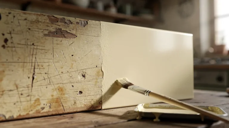 Test peinture spéciale sur meubles de cuisine en mélaminé vieilli rayé et jauni avant-après