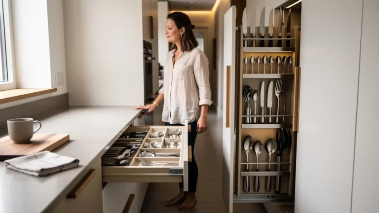 Cuisine étroite avec tiroir à couverts horizontal et module vertical, comparaison pratique pour optimiser l’espace