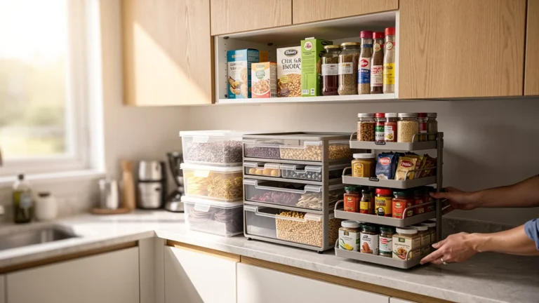 Trois organisateurs de placard haut dans une cuisine en U, comparés pour tester celui qui offre le plus de volume