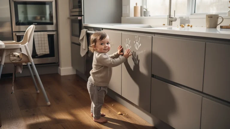 Cuisine moderne aux façades mates avec un enfant touchant les portes, traces de doigts visibles