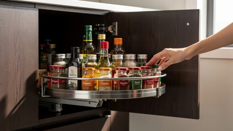 Placard d'angle avec plateau tournant bien organisé pour ne rien perdre en cuisine