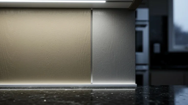 Comparaison réaliste de deux teintes de façade de cuisine sous bande LED allumée, luminosité naturelle
