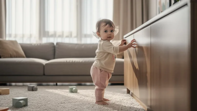 Façades mates et satinées dans un salon avec un enfant en bas âge, ambiance douce et réaliste