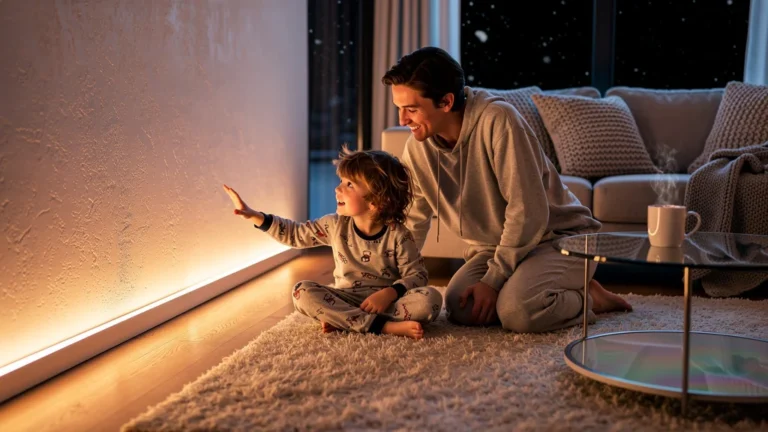 Enfant et parent au soir d’hiver illuminés par un bandeau LED en plinthe, ambiance chaleureuse et cosy