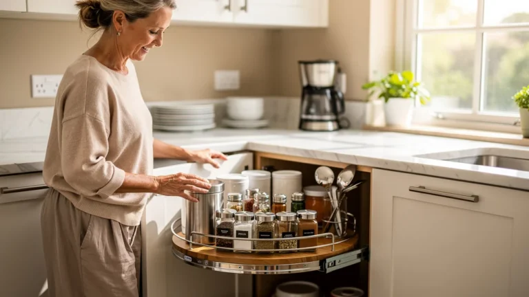 Cuisine moderne avec plateau tournant d'angle optimisant l'espace et volume récupéré après trois mois d'usage