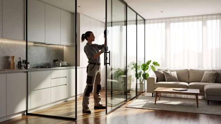 Verrière moderne entre cuisine et séjour ouvrant l'espace avec lumière naturelle et design contemporain