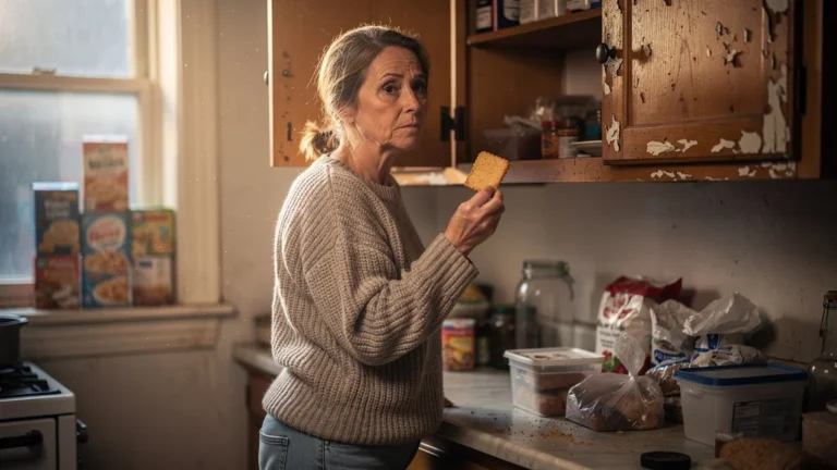 Femme réalisant que sa cuisine manque d’un cellier face à des biscuits ramollis sur un comptoir encombré