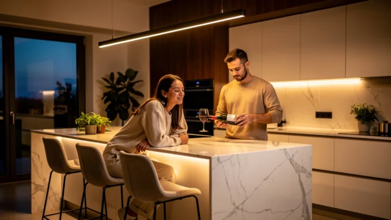 Cuisine moderne éclairée par un bandeau lumineux au-dessus de l'îlot transformant l'ambiance du soir