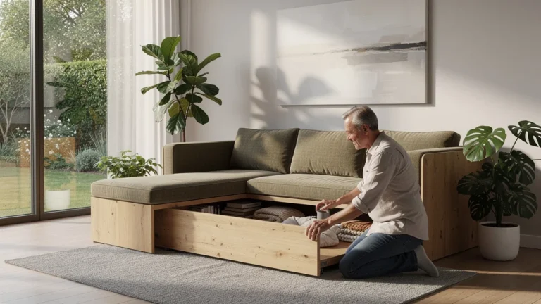 Installation d'une banquette d'angle avec rangement sous l'assise dans un salon lumineux et moderne