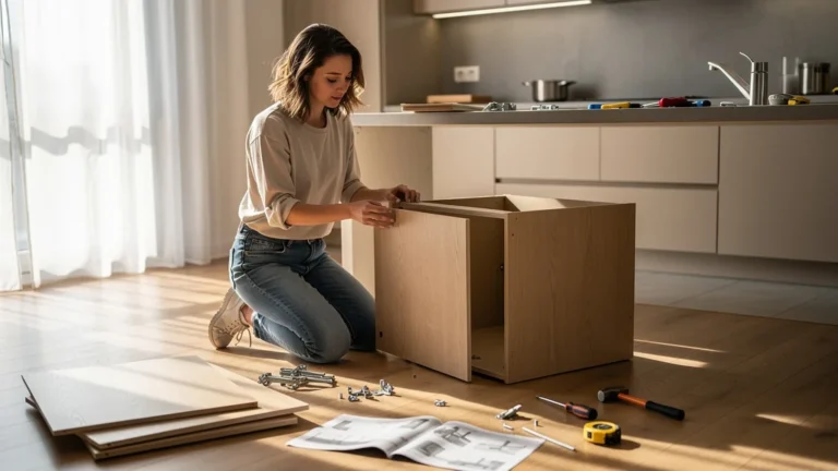 Jeune femme assemble seule sa première cuisine en kit, découvrant l’art des meubles en kit